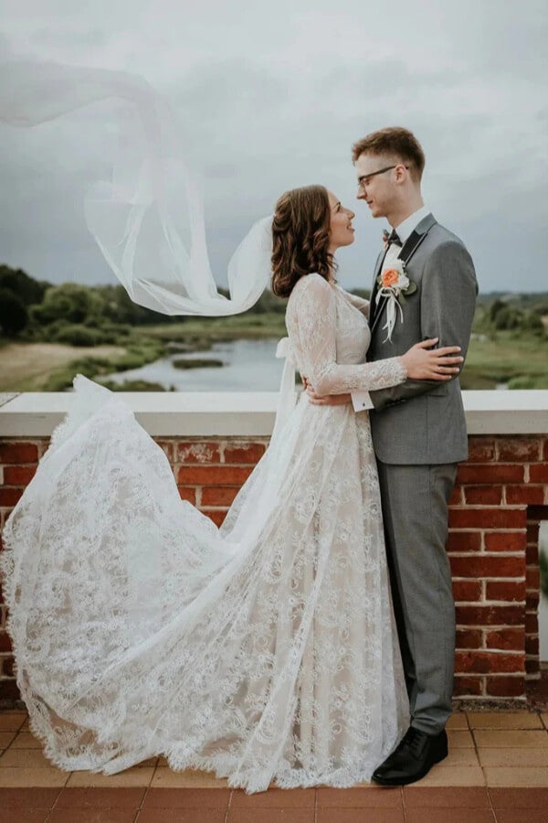 Tulle A-line V-neck Long Sleeves Lace Boho Wedding Dresses, Bridal Gown