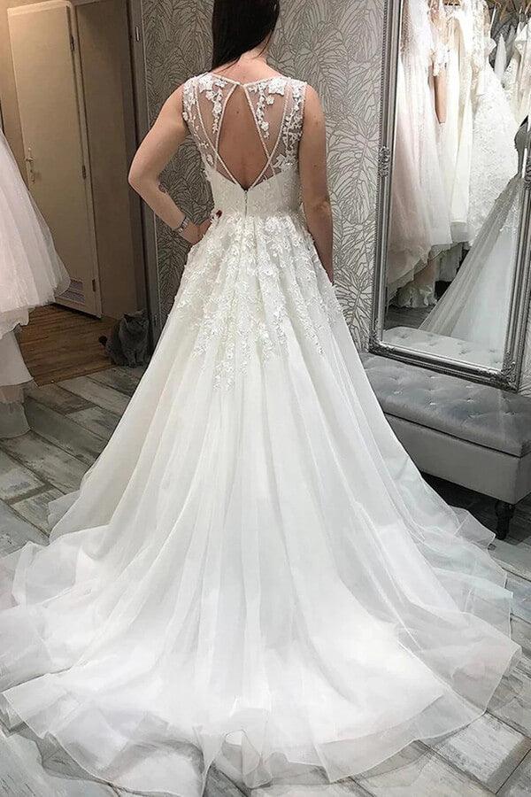 NumberSea Tulle A-line V-neck Wedding Dresses With Lace Appliques, Bridal Gowns, MW818