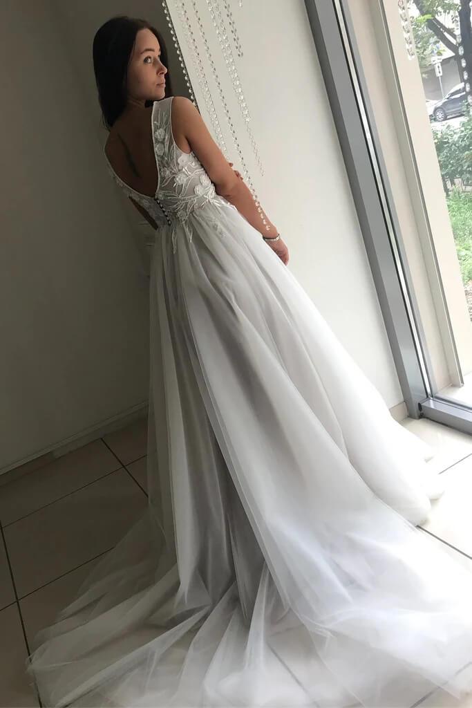 NumberSea Tulle Lace Top A-line V-neck Wedding Dresses, Appliques Wedding Gown, MW763
