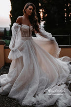 Tulle A-line Sweetheart Lace Long Sleeves Chapel Train Wedding Dresses