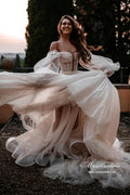 Tulle A-line Sweetheart Lace Long Sleeves Chapel Train Wedding Dresses