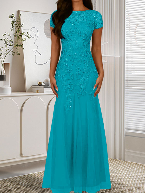 Dark Navy Mermaid Scoop Sequins Tulle Dress