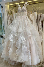 V Neckline Tired Tulle A-line Lace Wedding Dress Floor Length