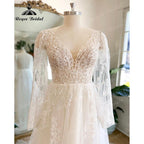 NumberSea Vinatge Boho Lace Long Sleeve Bridal Wedding Gown with V Neck 2025 Appliques Wedding Dress for Women vestido de fiesta de boda