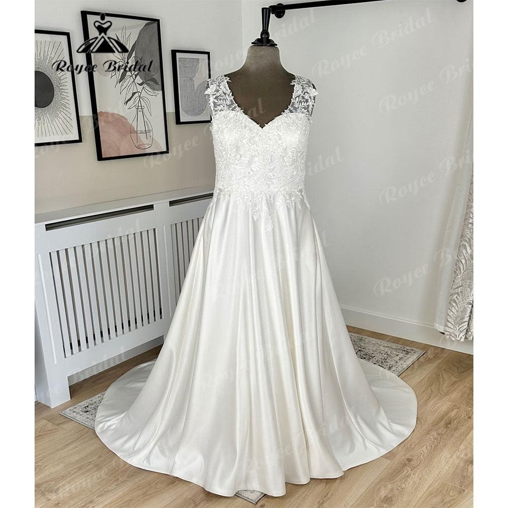 NumberSea Vintage Plus Size Soft Satin Lace Bodice A Line V Neck Wedding Dress for Women 2024 Illusion Back Bridal Gown vestidos de noche