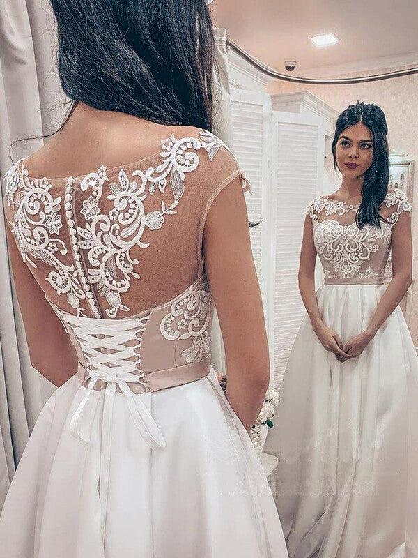 NumberSea Vintage A-line Satin Lace Bodice Bateau Neck Corset Back Wedding Dresses,