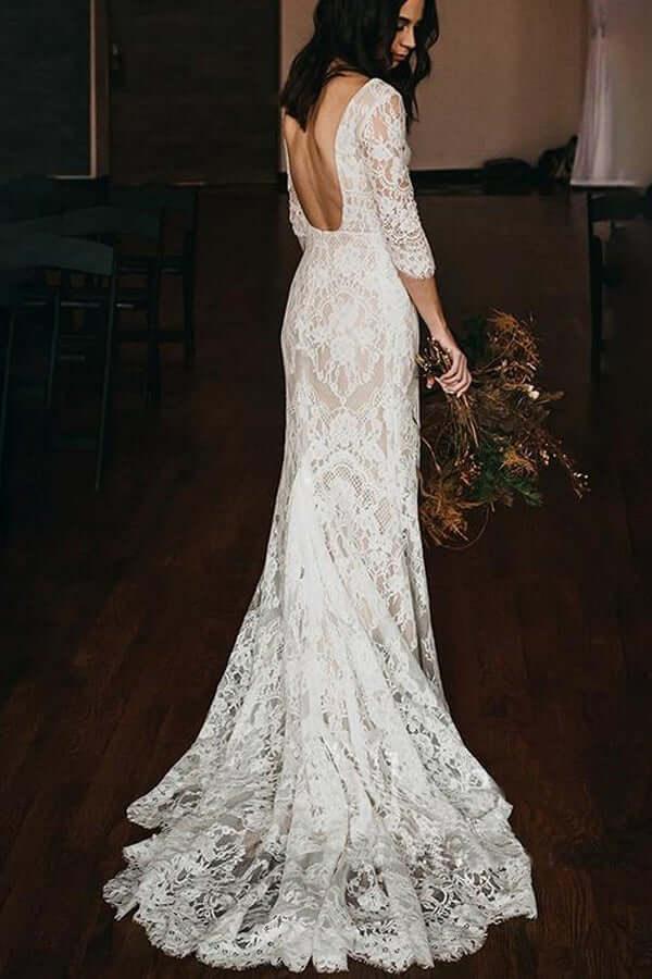 NumberSea Vintage Mermaid Lace V-neck Boho Wedding Dresses With Chapel Train, MW686