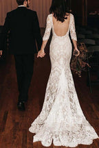 NumberSea Vintage Mermaid Lace V-neck Boho Wedding Dresses With Chapel Train, MW686
