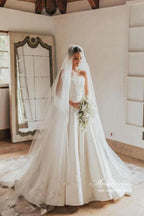 NumberSea Vintage Satin Strapless Ball Gown Wedding Dresses With Floral Lace, MW991