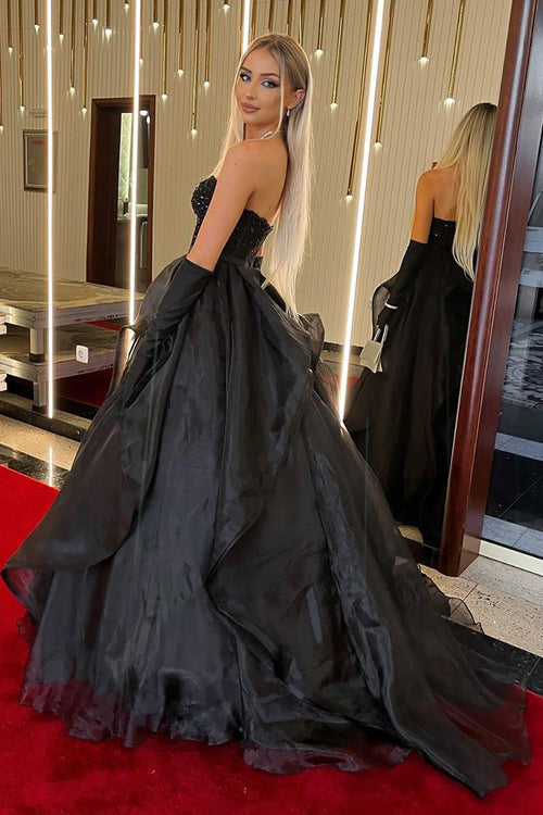 A Line Sweetheart Black Long Prom Dress with Beading