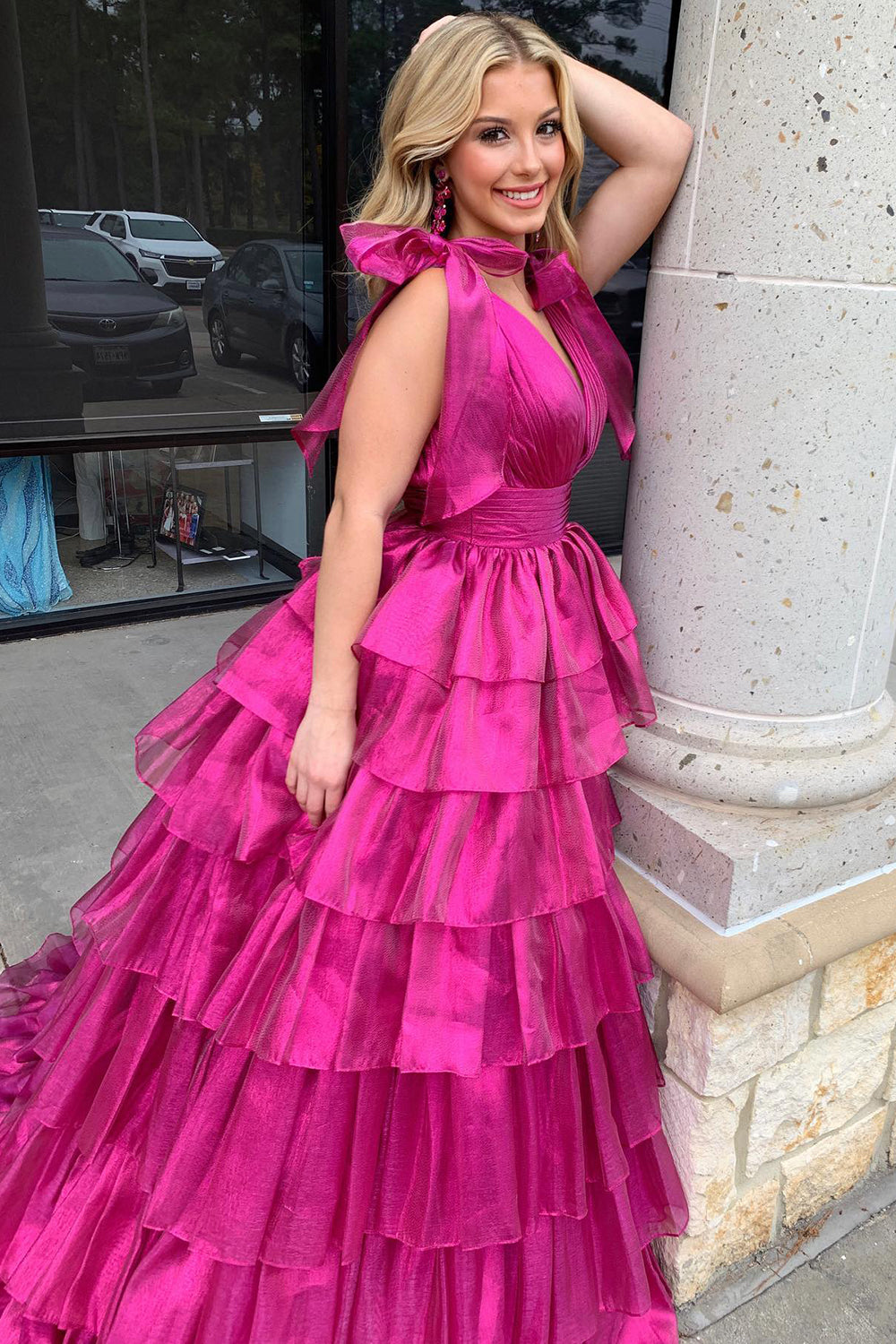 Princess A Line Deep V Neck Long Prom Dress with Ruffles
