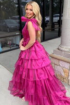 Princess A Line Deep V Neck Long Prom Dress with Ruffles