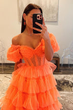 Off the Shoulder A-Line Tulle Tiered Long Corset Prom Dress with Slit