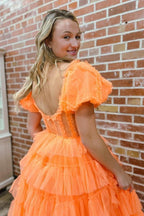 Off the Shoulder A-Line Tulle Tiered Long Corset Prom Dress with Slit