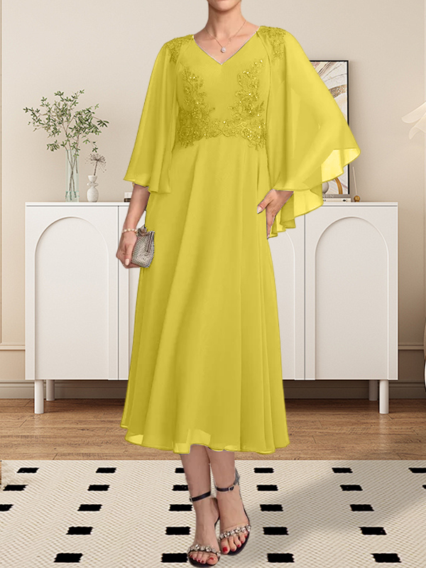 A-line V-Neck Tea-Length Chiffon Lace Mother of the Bride Dress With Beading Sequins