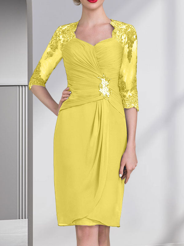 Sheath/Column Sweetheart Knee-Length Chiffon Mother of the Bride Dress With Beading Appliques Lace Sequins Pleated