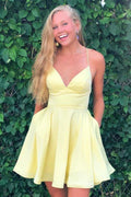 Satin A-line Spaghetti Straps Homecoming Dresses, Short Prom Dress
