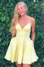 Satin A-line Spaghetti Straps Homecoming Dresses, Short Prom Dress