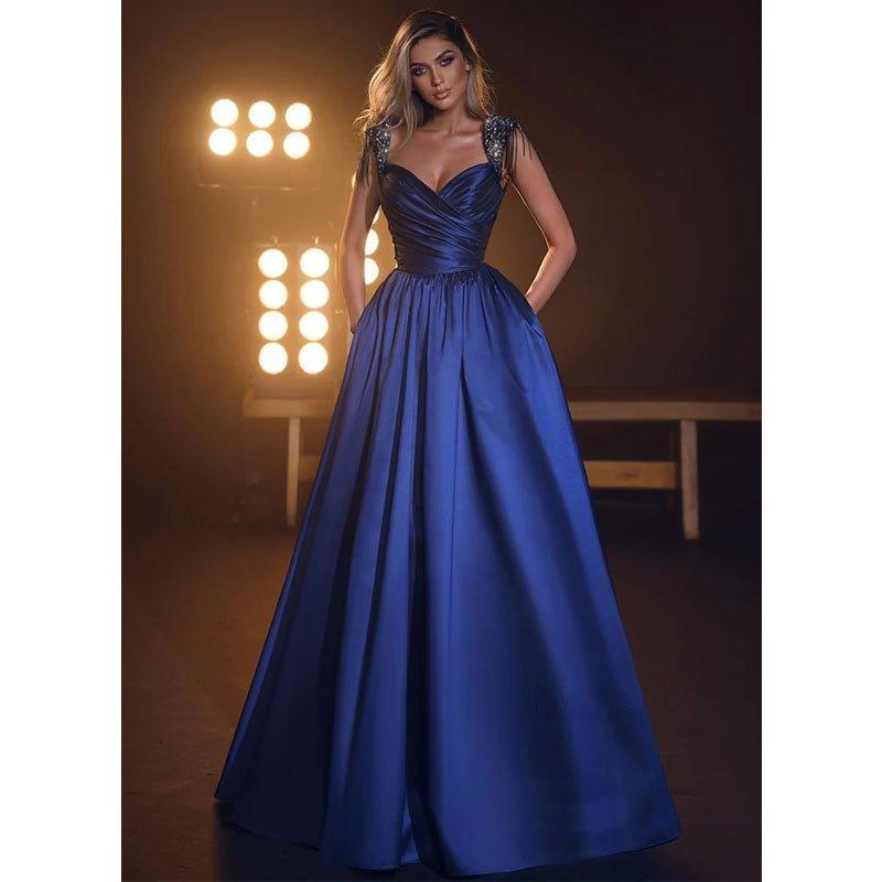 A Line Beads Straples Long Prom Party Dress with Pockets