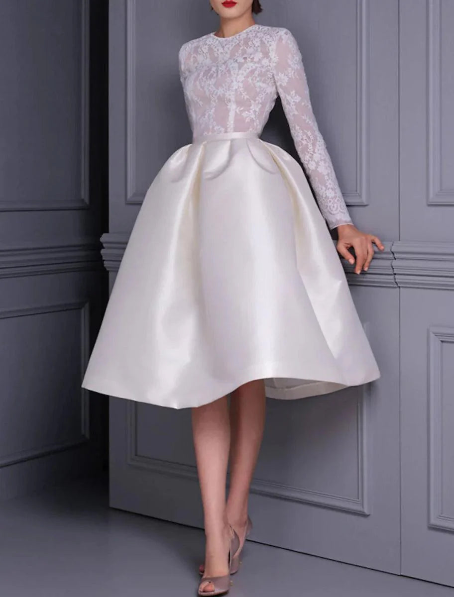 A-Line Cocktail Dresses 1950s Dress Wedding Party Birthday Knee Length Long Sleeve Jewel Neck Fall Wedding Guest Satin with Appliques Splicing