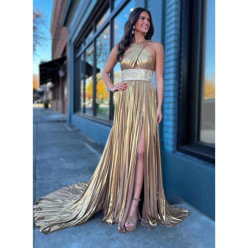 A-line Cross Straps Sweep Train Champagne Long Prom Dress Evening Gown