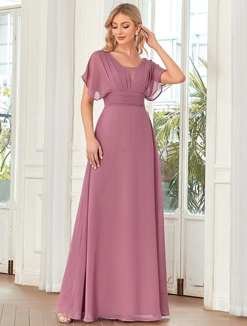 A-Line Elegant Formal Evening Dress V Neck Short Sleeve Floor Length Chiffon with Draping