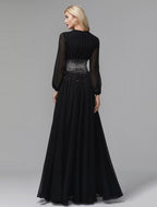 A-Line Evening Dress Celebrity Red Carpet Formal Gown Black Tie Wedding Guest Floor Length Long Sleeve V Neck Chiffon with Sequin