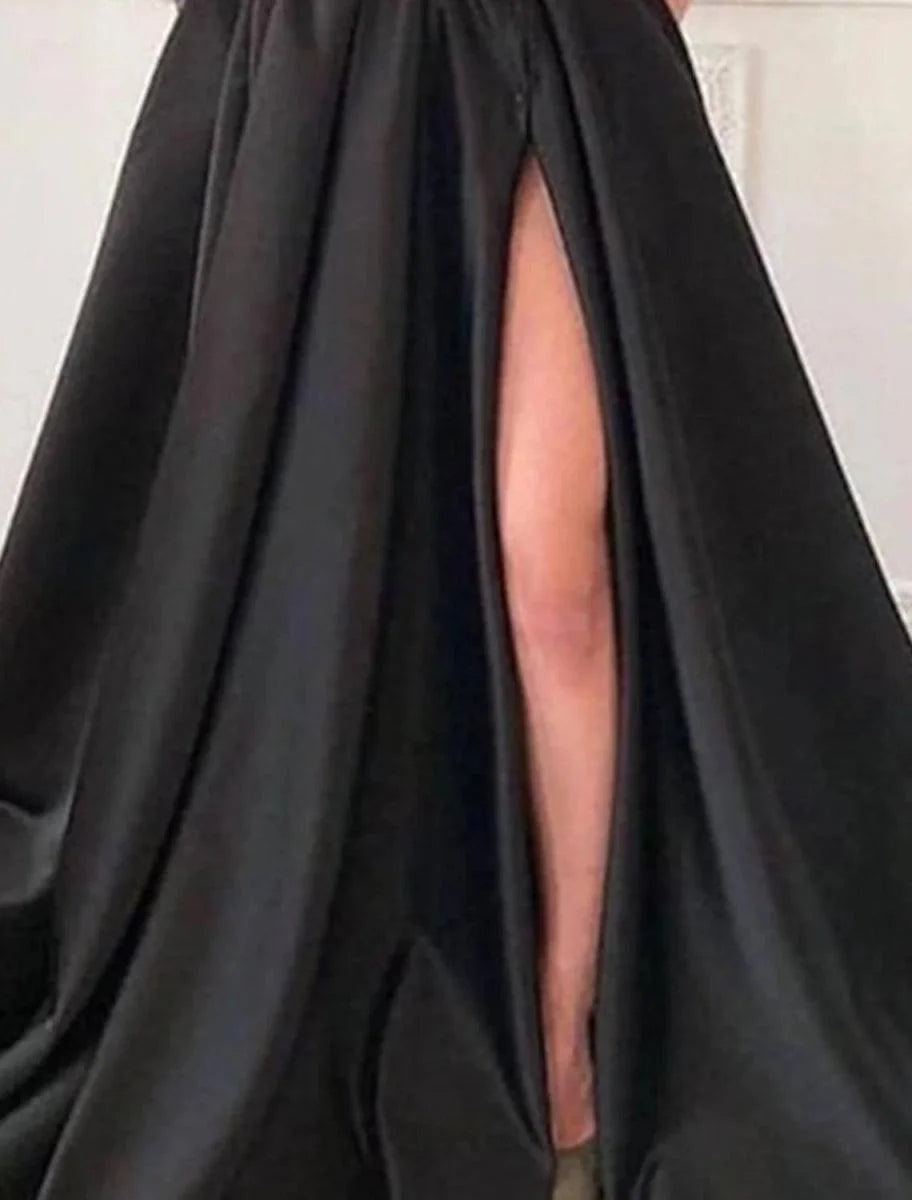 A-Line Evening Gown Black Dress Plus Size Vintage Formal Wedding Guest Court Train Long Sleeve One Shoulder Satin with Feather Slit