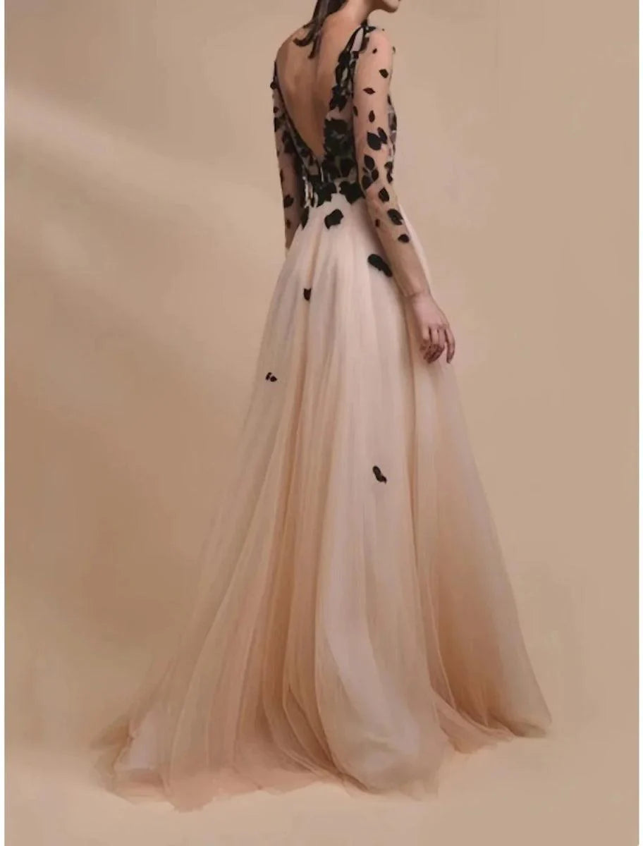 A-Line Evening Gown Elegant Dress Formal Wedding Guest Sweep / Brush Train Long Sleeve V Neck Tulle with EmbroideryA-Line Evening Gown Elegant Dress Formal Wedding Guest Sweep / Brush Train Long Sleeve V Neck Tulle with Embroidery
