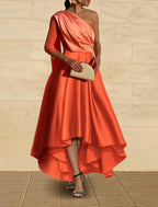 A-Line Evening Gown Elegant Dress Formal Wedding Party Tea Length 3/4 Length Sleeve One Shoulder Fall Wedding Guest Satin with Ruched