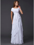 A-Line Evening Gown Minimalist Dress Wedding Guest Formal Evening Floor Length Short Sleeve Scoop Neck Chiffon with Tiered
