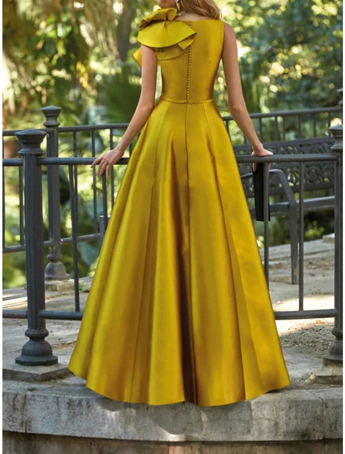 A-Line Evening Gown Party Dress Formal Wedding Guest Floor Length Sleeveless V Neck Satin with Shouder Flower
