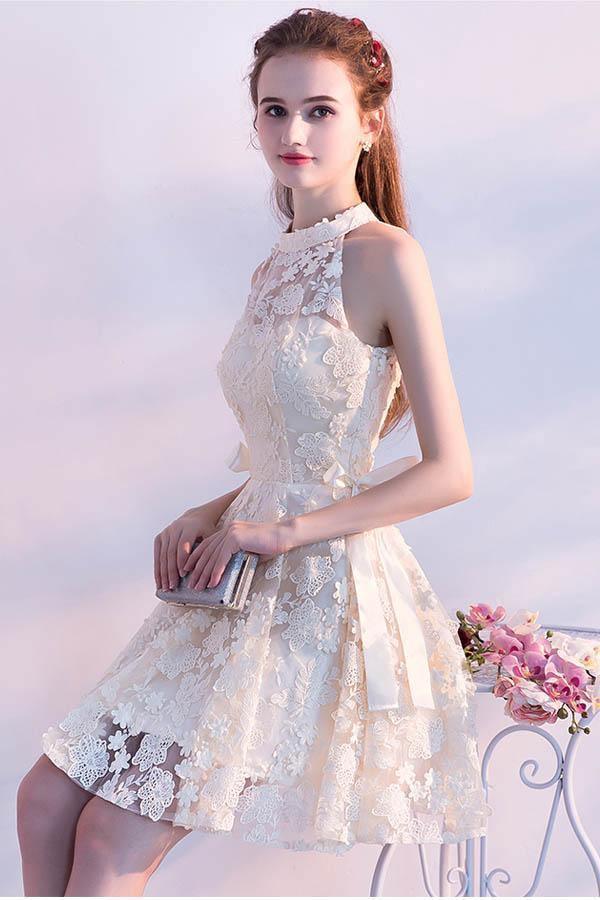 A-line High Neck Lace Sleeveless Party Dresses Homecoming Dresses