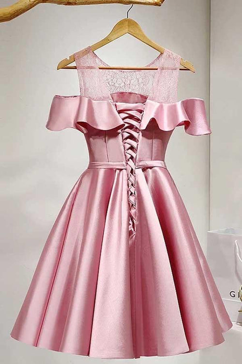 A-Line Knee-Length Cold Shoulder Satin Homecoming Dress With Lace