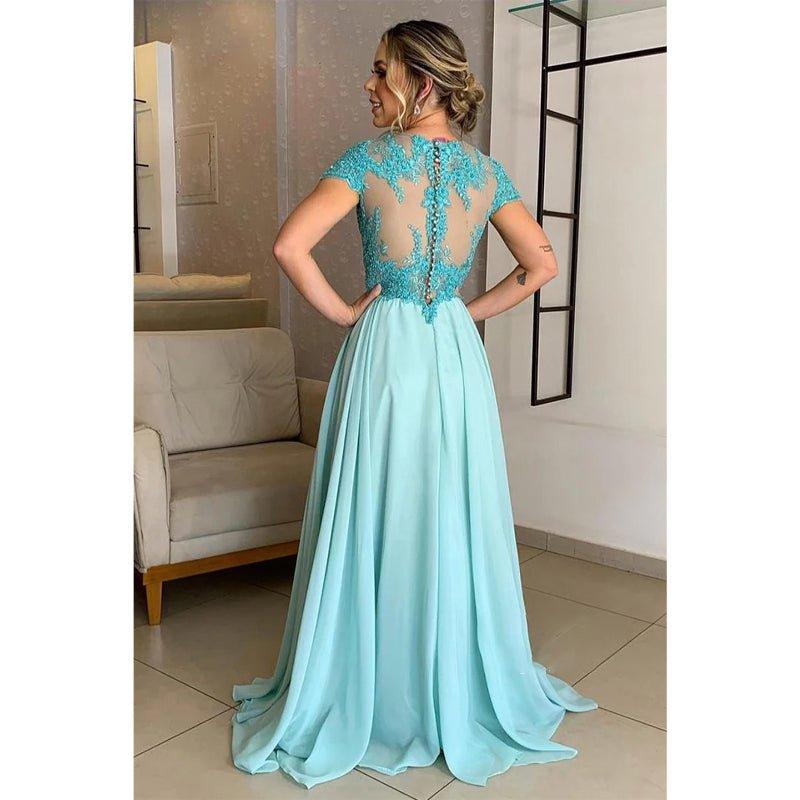 A-line Lace Appliques Short Sleeves Long Mother of The Bride Dress