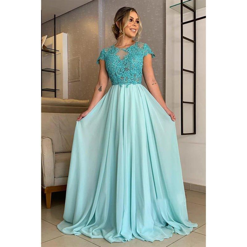 A-line Lace Appliques Short Sleeves Long Mother of The Bride Dress