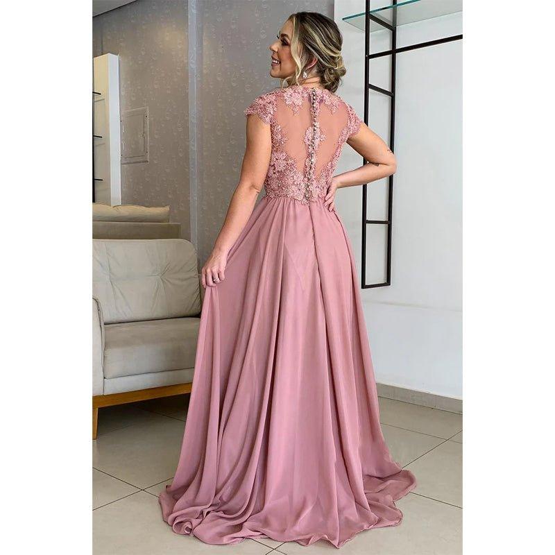 A-line Lace Appliques Short Sleeves Long Mother of The Bride Dress
