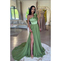 A Line One Shoulder Flowers Long Prom Formal Dress with Slit