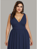 A-Line Plus Size Wedding Guest Formal Evening Dress V Neck V Back Sleeveless Floor Length Chiffon with Pleats