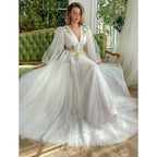 A Line Sexy Deep V Neck Appliques Long Sleeves Elegant Prom Party Dress with Slit