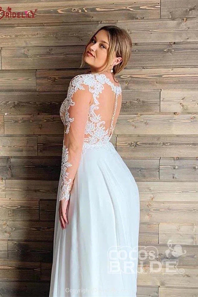 A-line Sheer Tulle Lace Wedding Gowns Long Sleeve Floor Length Beach Bridal Gowns
