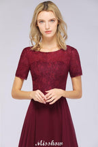 A-Line Short-Sleeves Floor-Length Bridesmaid Dress Chiffon Lace Round-Neck Evening Dress