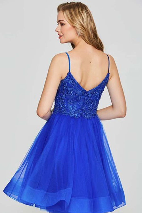 A-Line Spaghetti Straps Appliques Beading Tulle Short Homecoming Dress