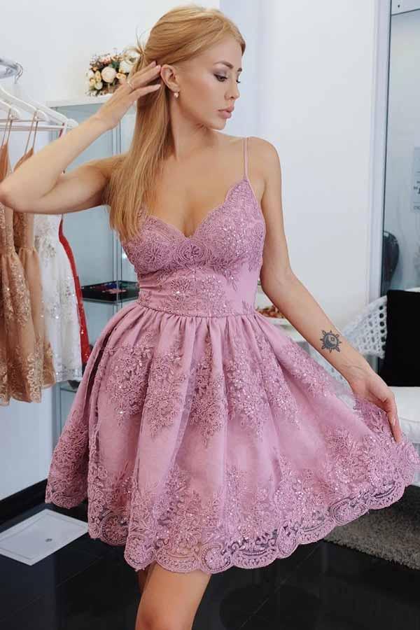 A-Line Spaghetti Straps Homecoming Prom Dress with Appliques