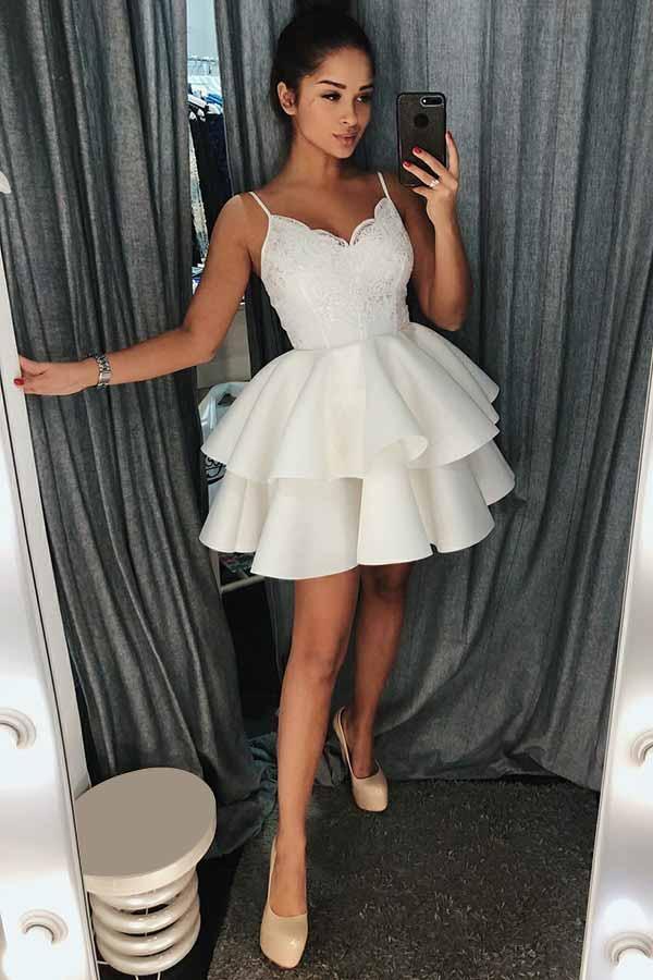 A-Line Spaghetti Straps Tiered Short Satin Homecoming Dress with Lace