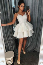 A-Line Spaghetti Straps Tiered Short Satin Homecoming Dress with Lace