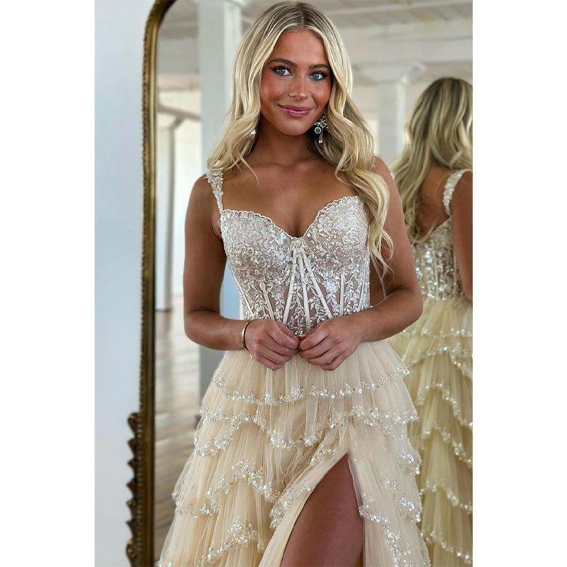 A Line Straps Applique Illusion Sparkly Long Prom Evening Gowns