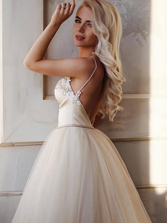 A-line  Straps Floor length Beading Wedding Dress Long Prom Dress