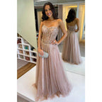 A-line Sweetheart Tulle Beaded Long Formal Evening Dress