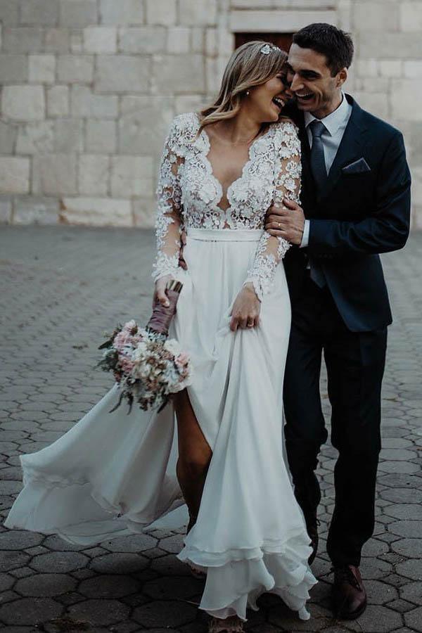A-Line V-Neck Floor Length Chiffon Wedding Dress with Appliques Flowers